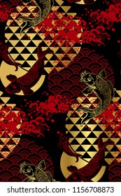 koi fish wave water circles japanese chinese vector design pattern