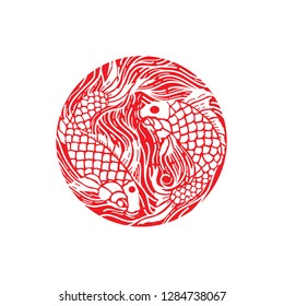 Koi fish woodcut style vector illustration. Good for koi farm logo or any decoration.