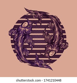 koi fish yin yang japanese with circle halftone background