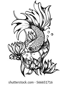 Koi fish.Black and white hand drawn doodle for coloring book.