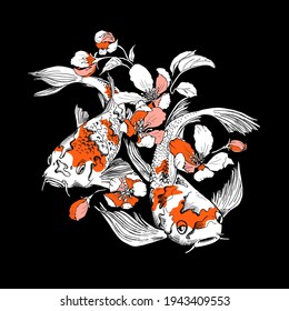 Koi fishes and cherry flowers. T-shirt composition, hand drawn style print. Vector illustration.