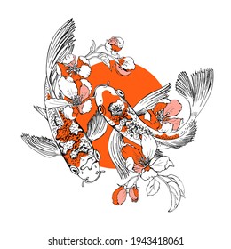 Koi fishes and cherry flowers. T-shirt composition, hand drawn style print. Vector illustration.