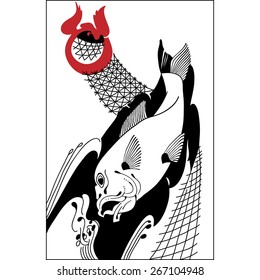 Koi fishes, hand drawn . Japanese style. Vintge style. Retro style.