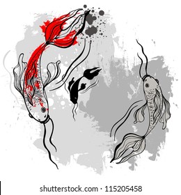 Koi fishes. Japanese style. Vectorized brush painting