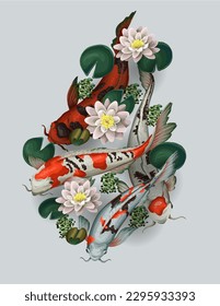Koi fishes and lotus isolated. Vector