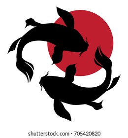 Koi Fishes And Red Sun  Logo. Luck, prosperity and good fortune