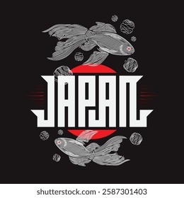 Koi fishes swimming around red sun and inscription "Japan". Koi Carp - Japanese symbol of happiness, success, achieve goals, wealth, luck. Feng shui vector illustration.