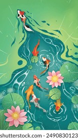 A lot koi fishes swimming on the lotus pond