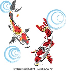 Koi fishes under water in brush style