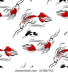 Koi fishes. Vector background in Japanese style. Seamless pattern.