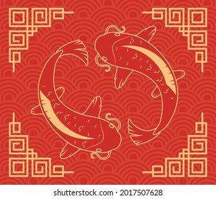 koi fishes ying yang on red background