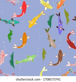  koi fish.many different fish swim.lilac background.pattern.vector.