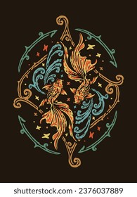 Koi Golden Fish Balance Vintage Illustration