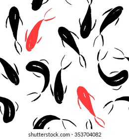Koi ink seamless pattern. Traditional Japanese hand drawn illustration. Vector sumi-e background.