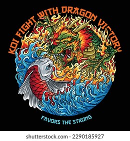 Koi Japanese means carpet fish. Dragon, a legendary reptile-like creature. koi confronts a dragon from a background both of which differs between fire and water