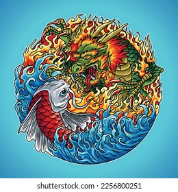 Koi is Japanese which means carpet fish. Dragon, a legendary creature similar to a reptile. koi come face to face with dragons from a background both of which differ between fire and water.