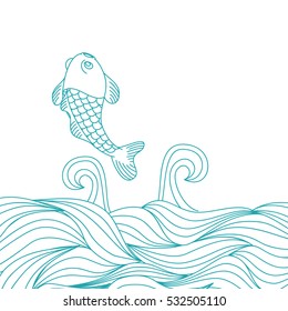 Koi jumping doodle style. Carp jump background. Japanese line art style.