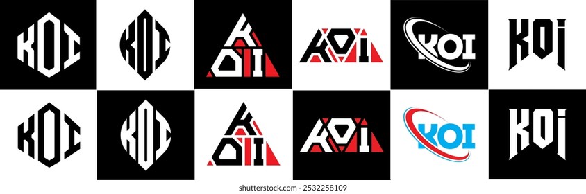 KOI carta logotipo design em seis estilo. Polígono KOI, círculo, triângulo, hexágono, estilo simples e plano com logotipo de letra de variação de cor preto e branco definido em uma prancheta. KOI minimalista e logotipo clássico