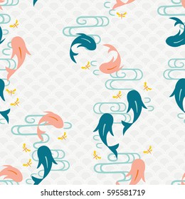 Koi Pattern. Seamless Background with Japanese Carp and Dragonfly.