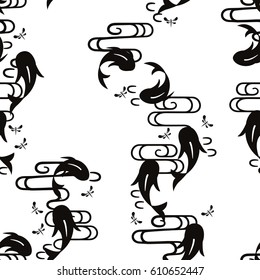Koi Pattern. Seamless Background with Japanese Carp and Dragonflfly.
