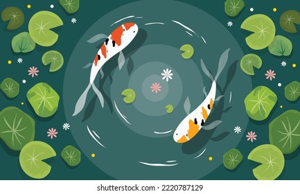 ilustración de estanque koi diseño vectorial para peces de la naturaleza koi con fondo vectorial de la planta de lirio de agua	
