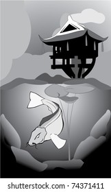 Koi in a pond near a pagoda (eps10)