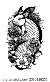 A koi rabbit with roses tattooed in it, irezumi, Japanese style, drawing, line work, outline, simple line style, black and white