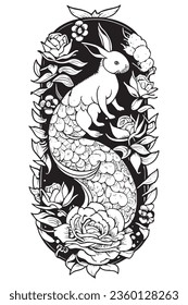 A koi rabbit with roses tattooed in it, irezumi, Japanese style, drawing, line work, outline, simple line style, black and white