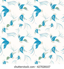 Koi seamless pattern can be used for wallpaper, website background, textile printing. Hand drawn vector illustration of Chinese fish on dark background. Marine background. Sea theme. Summer collection