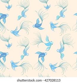 Koi seamless pattern can be used for wallpaper, website background, textile printing. Hand drawn vector illustration of Chinese fish on dark background. Marine background. Sea theme. Summer collection