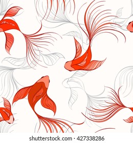 El modelo Koi se puede utilizar para papel pintado, fondo de sitio web, impresión textil. Dibujo manual vectorial de peces chinos. Fondos marinos y náuticos. Tema marino. Colección de verano.