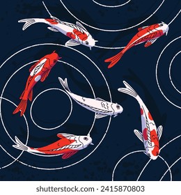 Koi swim in water top view. Asian fishes floating in zen garden pond. Oriental Japanese carps in lake panorama. Traditional peaceful animals with bicolor scales, red spots. Flat vector illustration