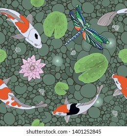 Koi swimming in water with leaves and lotus flowers. Seamless pattern bottom of the pond. Bottom of the pond. Hand drawn vector illustration.