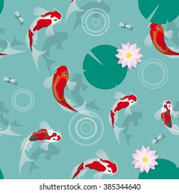 Koi swimming in water with leaves and lotus flowers. Seamless pattern.