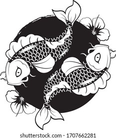 1 par de peces koi con 2 flores en el círculo medio muestra armonía