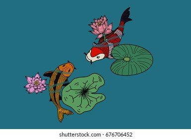 Koii fish vector,swiming on river,koi carp with lotus and lotus leaf on a blue background.