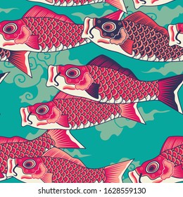 Koinobori carp streamer in the sky, carp-shaped windsocks seamless pattern