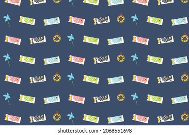 Koinobori; Carp-shaped windsocks and windmill toy for Japanese children's day seamless pattern vector illustration set. Pattern for boy's festival in Japanese, print, texture, decoration.