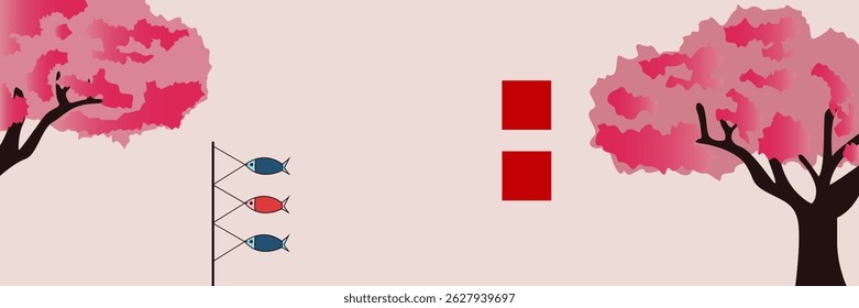 Koinobori and Cherry Blossoms Illustration for Children's Day Promotion, Japanese Carp Streamers Vector for Festive and Cultural Use