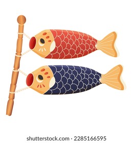 Koinobori Japanese fish flag on bamboo stick, traditional carp isolated on white background. 