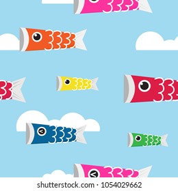 Koinobori seamless pattern vector illustration. Colorful Carp streamers flying on blue sky.