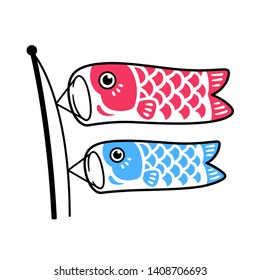 Koinobori, traditional Japanese fish flags drawing. Two koi carps waving in wing on pole, red and blue. Isolated vector illustration.