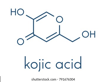 Kojic acid molecule. Used as food additive and for skin depigmentation in cosmetics. Skeletal formula.