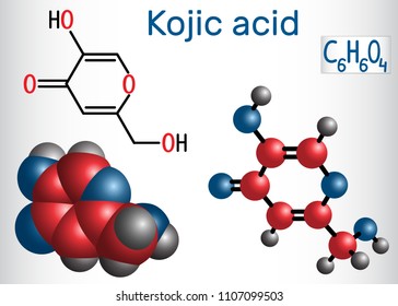 Kojic acid molecule. Used for skin depigmentation in cosmetics. Structural chemical formula and molecule model. Vector illustration