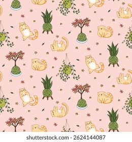 Kokedama and cat. Pink seamless pattern. Perfect for creating designs for fabric, stationery, interior decor, or gift wrapping.