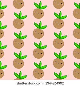 Kokedama hand drawn seamless pattern in cartoon style minimalism on pink font