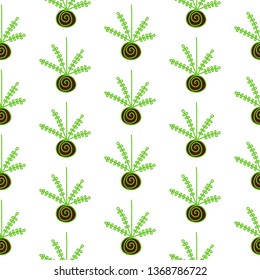 Kokedama hand drawn seamless pattern in cartoon style on white font green and brown