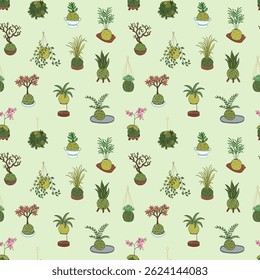 Kokedama. Japanese moss plant. Green seamless pattern. Perfect for creating designs for fabric, stationery, interior decor, or gift wrapping.