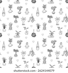 Kokedama. Japanese moss plant. Outline seamless pattern. Perfect for creating designs for fabric, stationery, interior decor, or gift wrapping.