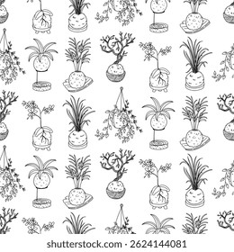 Kokedama. Japanese moss plant. Outline seamless pattern. Perfect for creating designs for fabric, stationery, interior decor, or gift wrapping.
